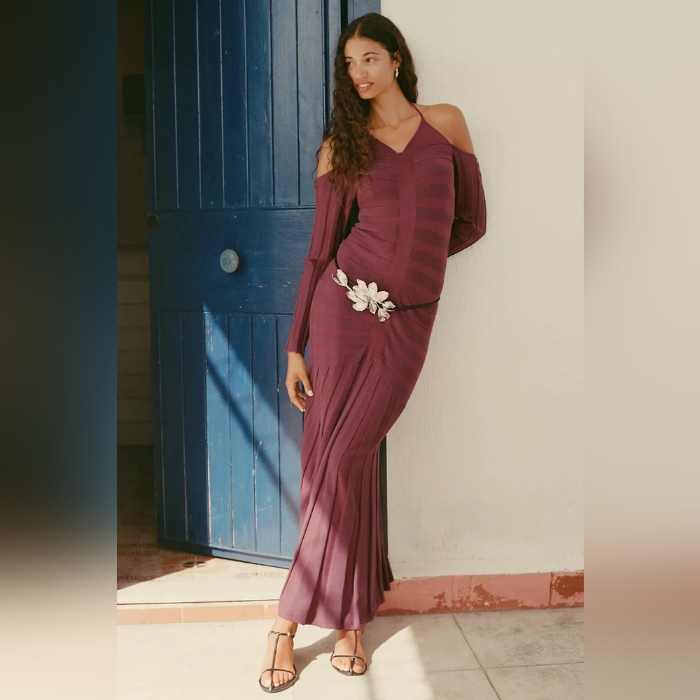 Anthropologie Wine Mauve Off-Shoulder Ruched Maxi Dress